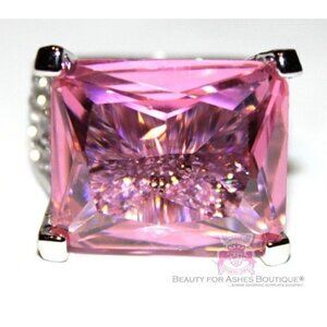 Rectangle Pink Tourmaline Ice Cz Chunky Cubic Zirconia Glam Cocktail Ring Size 6